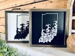 Framed Indiana Cornfield Sign With Raised Lettering – Farmhouse Chic State Outline, 3D Laser Cut Wall Art