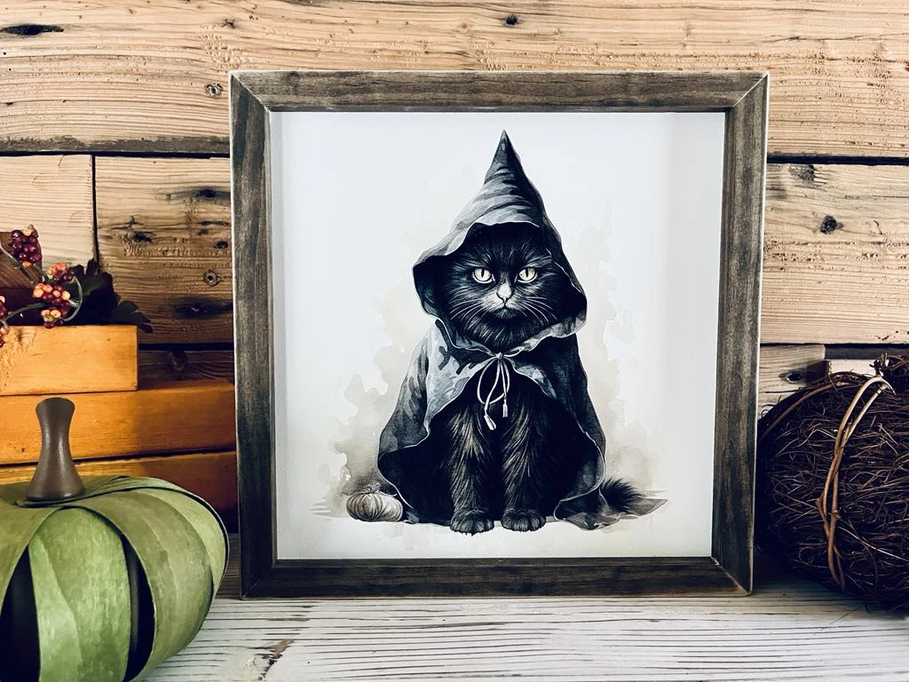 Framed Halloween Black Cat Sign | Witchy Fall Decor | UV Printed Spooky Cat Wall Art | Farmhouse Halloween Sign | 12x12 Print 1 Framed Halloween Black Cat Sign | Witchy Fall Decor | UV Printed Spooky Cat Wall Art | Farmhouse Halloween Sign | 12x12 Print
