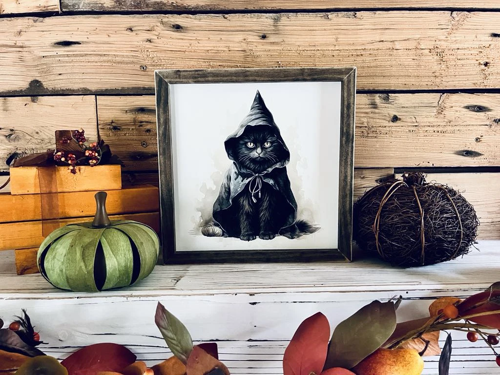 Framed Halloween Black Cat Sign | Witchy Fall Decor | UV Printed Spooky Cat Wall Art | Farmhouse Halloween Sign | 12x12 Print 4 Framed Halloween Black Cat Sign | Witchy Fall Decor | UV Printed Spooky Cat Wall Art | Farmhouse Halloween Sign | 12x12 Print - Image 4
