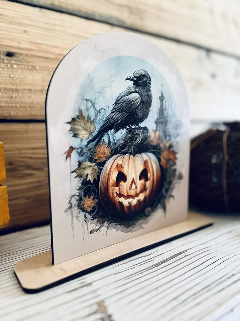 Halloween Crow And Pumpkin Wood Sign | Gothic Fall Decor | Spooky Jack-O'-Lantern Tabletop Display | Rustic Halloween Shelf Sitter 2 Halloween Crow And Pumpkin Wood Sign | Gothic Fall Decor | Spooky Jack-O'-Lantern Tabletop Display | Rustic Halloween Shelf Sitter - Image 2