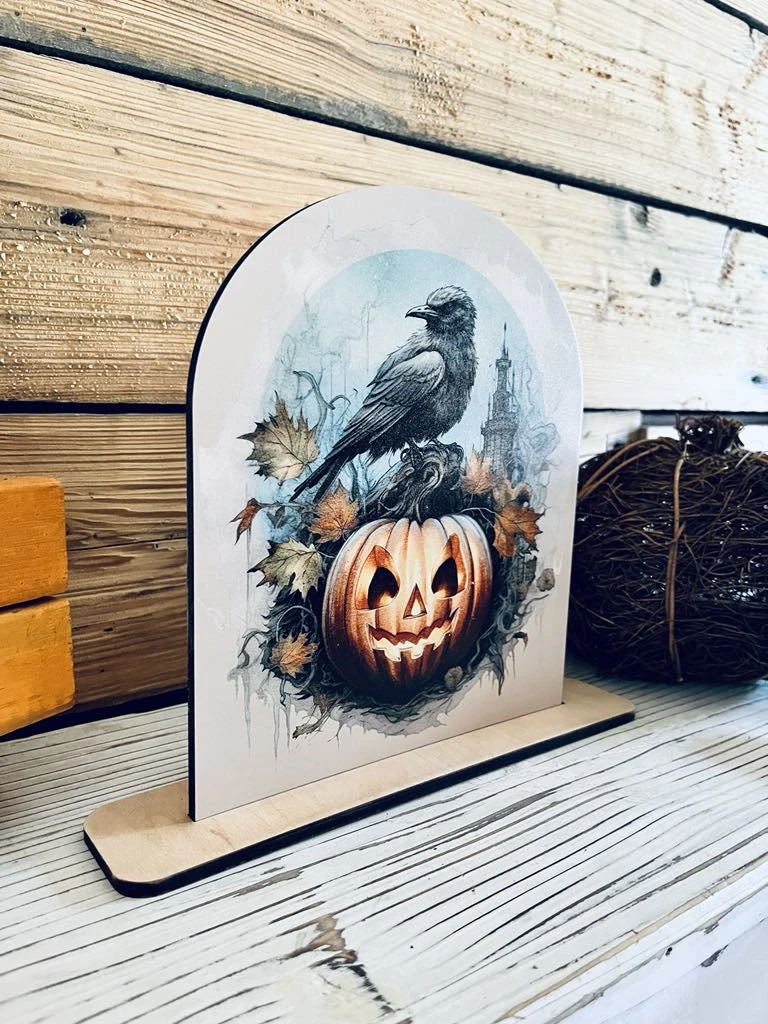 Halloween Crow And Pumpkin Wood Sign | Gothic Fall Decor | Spooky Jack-O'-Lantern Tabletop Display | Rustic Halloween Shelf Sitter 3 Halloween Crow And Pumpkin Wood Sign | Gothic Fall Decor | Spooky Jack-O'-Lantern Tabletop Display | Rustic Halloween Shelf Sitter - Image 3